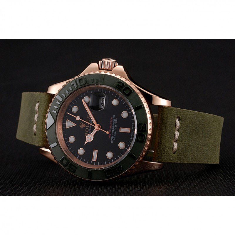 Rolex Yacht-Master Black Dial Green Bezel Rose Gold Case Green Leather Bracelet 1453862